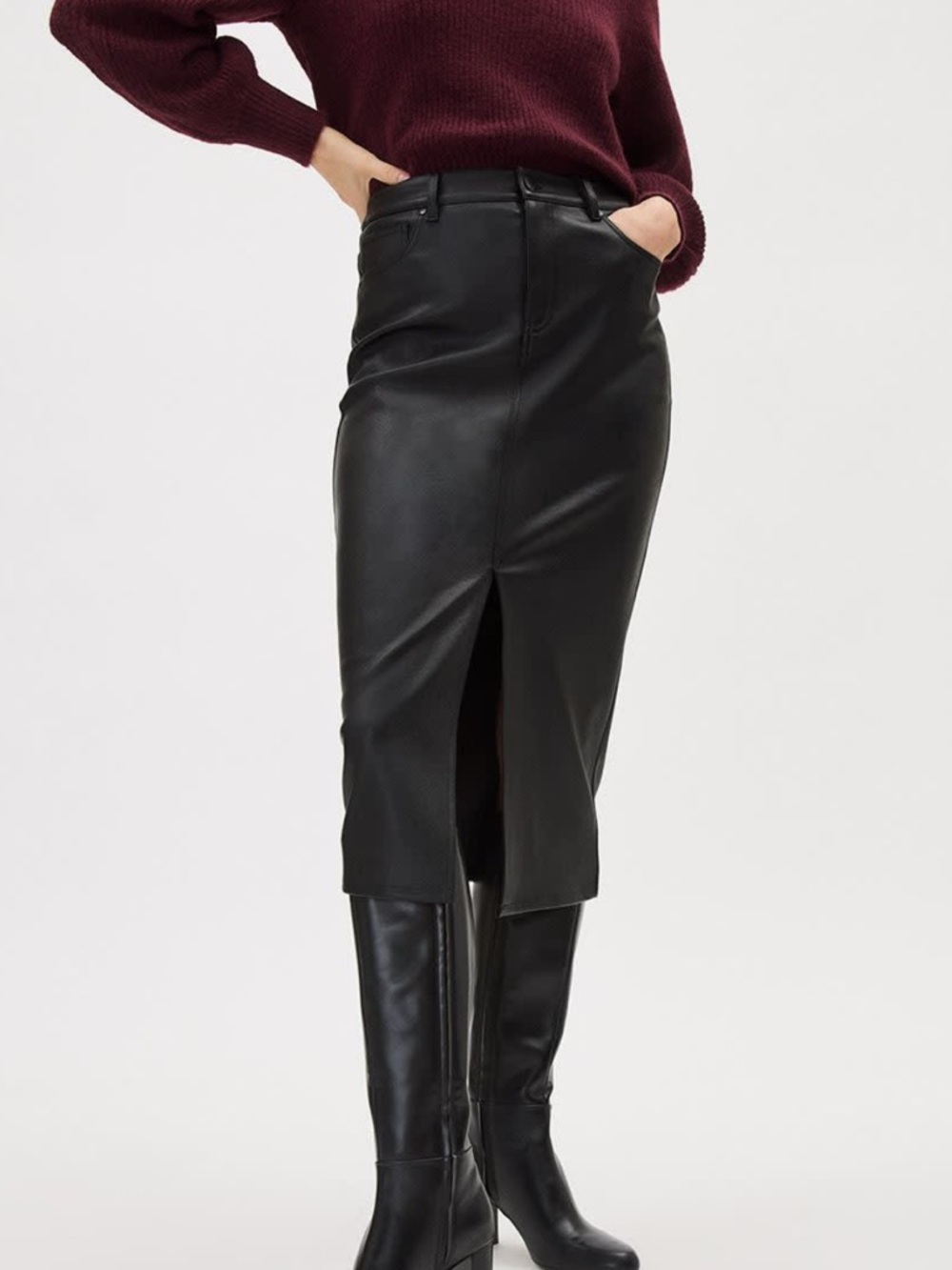 RW&CO Black Faux Leather Midi Skirt